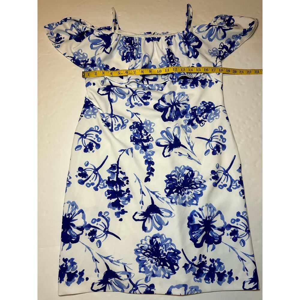 Lauren by Ralph Lauren Women's Cold-Shoulder Floral Crepe Blue And White Dress 8 - Picture 5 of 7